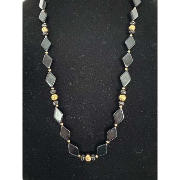 Trifari Necklace Black Lucite Plastic Gold Tone Chunky Geometric Bead Signed 30" - Picture 4 of 9
